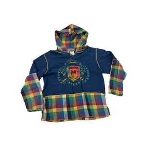 Vintage JOUJOU Girls Large Hooded Pullover Shirt Multicolor Plaid Sleeves Y2K